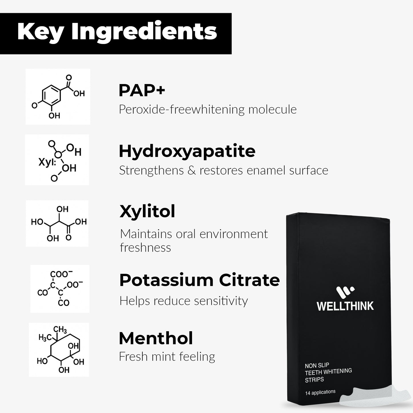 Wellthink PAP+ Teeth Whitening Strips for Safe Enamel Care | Peroxide-Free, Sensitivity-Friendly Oral Whitening | Hydroxyapatite, Potassium Nitrate & Mint Freshness to Remove Stains from Tobacco, Coffee & Tea | 14 Treatments (28 Strips)  (Pack of 1)