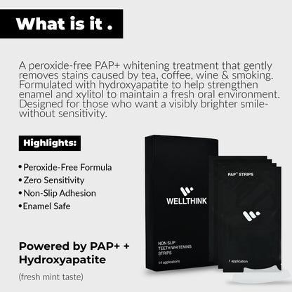 Wellthink PAP+ Teeth Whitening Strips for Safe Enamel Care | Peroxide-Free, Sensitivity-Friendly Oral Whitening | Hydroxyapatite, Potassium Nitrate & Mint Freshness to Remove Stains from Tobacco, Coffee & Tea | 14 Treatments (28 Strips)  (Pack of 1)
