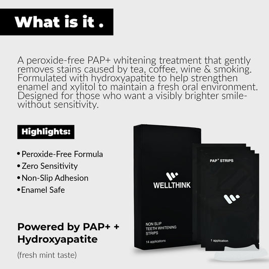 Wellthink PAP+ Teeth Whitening Strips for Safe Enamel Care | Peroxide-Free, Sensitivity-Friendly Oral Whitening | Hydroxyapatite, Potassium Nitrate & Mint Freshness to Remove Stains from Tobacco, Coffee & Tea | 14 Treatments (28 Strips)  (Pack of 1)